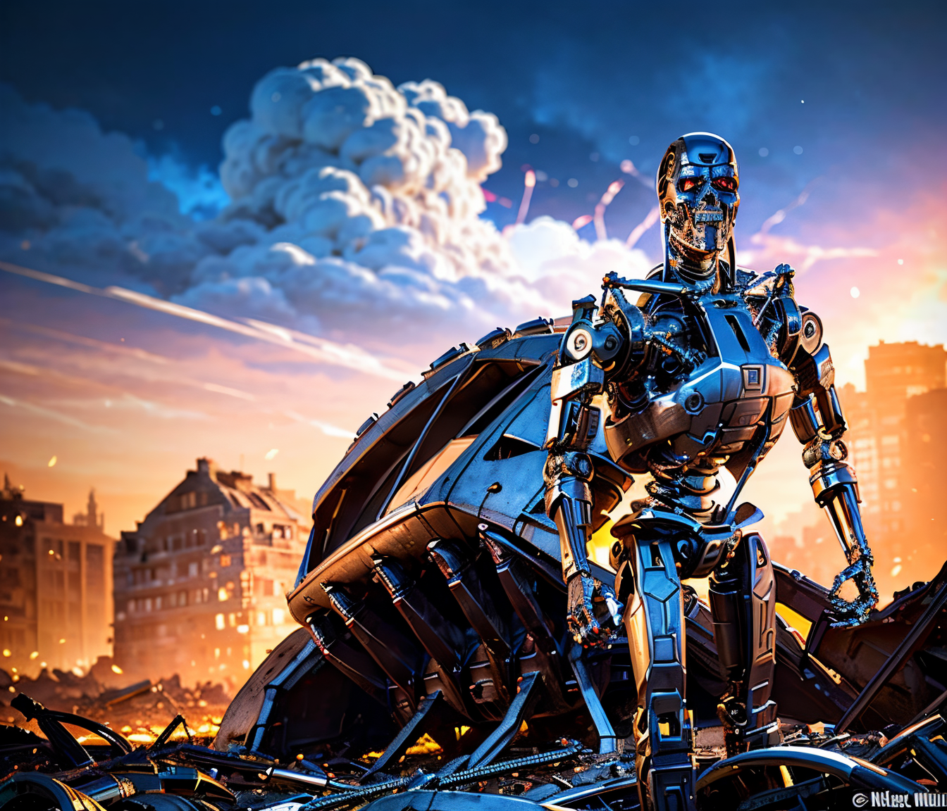 apocalypse buildings in ruins destroyed, explosions in the background, night sky,  full body shot (Realisitc:1.5) man terminator grabing human woman, <lora:EdobTerminator_v1.0:0.8>