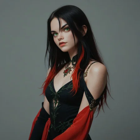 score_9, score_8_up, score_7_up, 1girl, solo, multicolored hair, dress, black hair, red hair, jewelry, green eyes, long hair, detached sleeves, streaked hair,