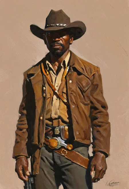 by Ian McQue and Sam Spratt, <lora:EnvyStudioPortraitXL01:0.35> , pointing a pistol <lora:pistol:0.60> (african american man) (cowboy) Gold-chains. revolver (coherency: 1. 69) (Highest quality: 1.39), sheriff badge, realistic, realism
