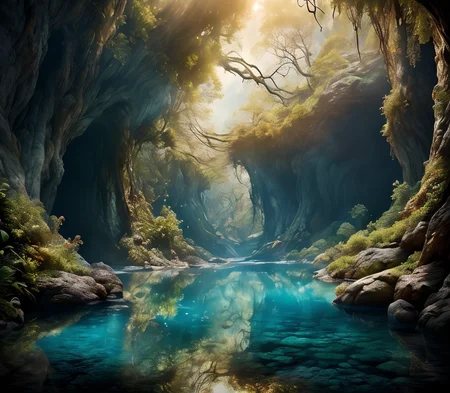 RAW photo, (masterpiece:1.3), subsurface scattering, heavy shadow, (high quality:1.4), (intricate, high detail:1.2), professional photography, HDR, High Dynamic Range, realistic, ultra realistic, photorealistic, high resolution, film photography, ambient lighting, atmospheric effects, <lora:detail_slider_v4:2>, OverallDetail, <lora:FantasyRiver:1>, fantri, an enchanted river through a magical fey forest