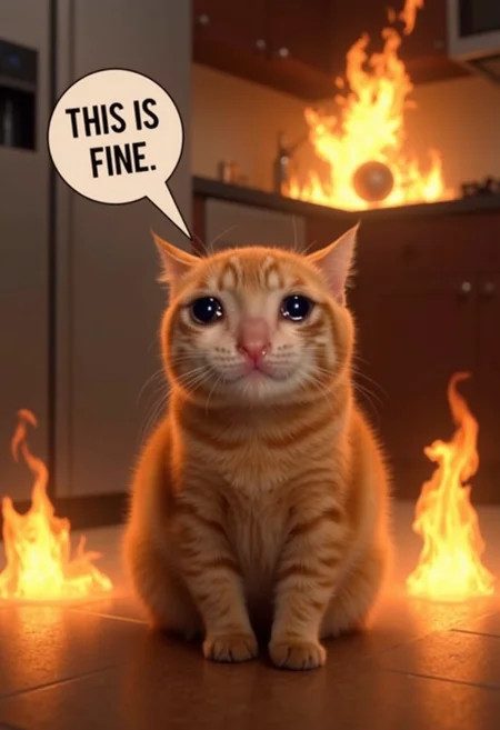 realistic photo of crying cat with a speech bubble that says "This is fine.", surrounded by flames, sitting on the floor, shallow depth of field, kitchen in background, the kitchen is on fire, incredibly detailed, hyperrealistic digital photo, crying, tears, lots of flames