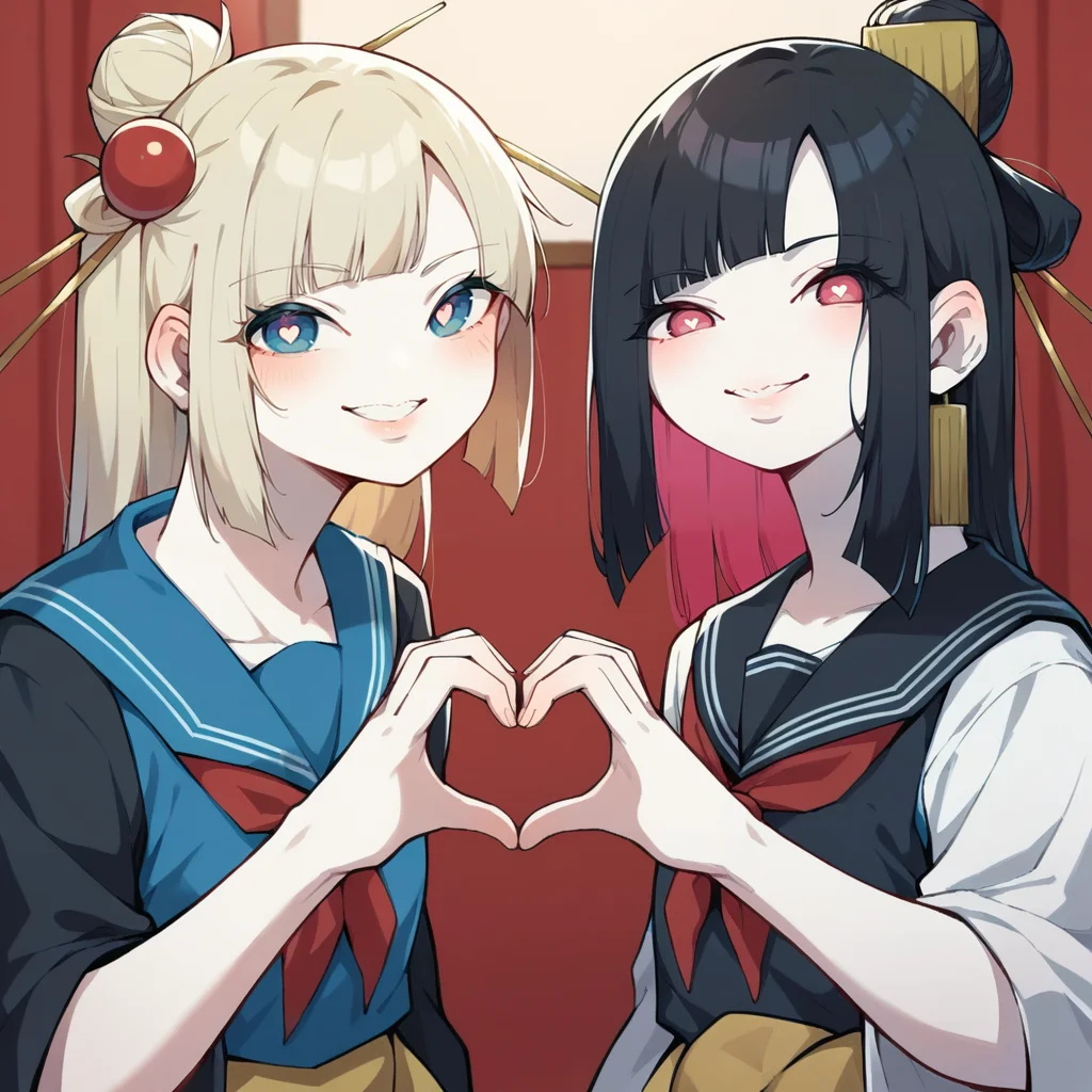 score_9, score_8_up, score_7_up, score_6_up, score_5_up BREAK t1u5, 2girls, flat color, heart hands duo, school uniform, pleated skirt, black hair, black serafuku, long hair, v, looking at viewer, smile, leaning forward, red neckerchief, black skirt, long sleeves, hair ornament, hair stick, obi, symbol-shaped eyes, pale skin, blue kimono, single hair bun, twintails, <lora:tukiGirlPDXL16v0.94tx1-000009:1>
