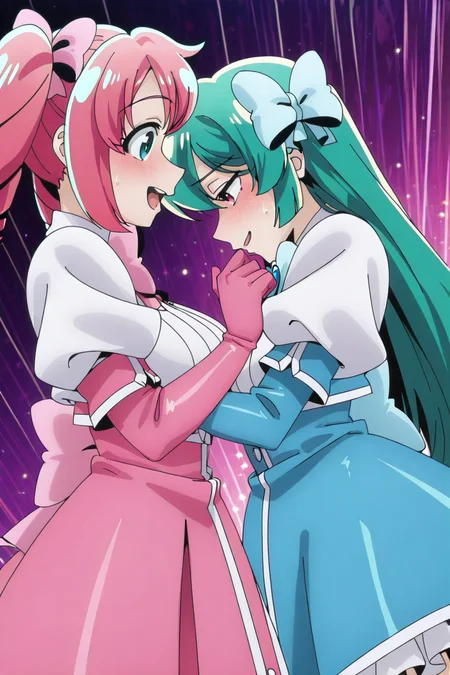shiny skin, posing,
<lora:mahoako.il:1>,
mahoako,
(multiple girls:1.5), large breasts, 
magiamagenta, magiaazul,  
dynamic angle, yuri, happy,