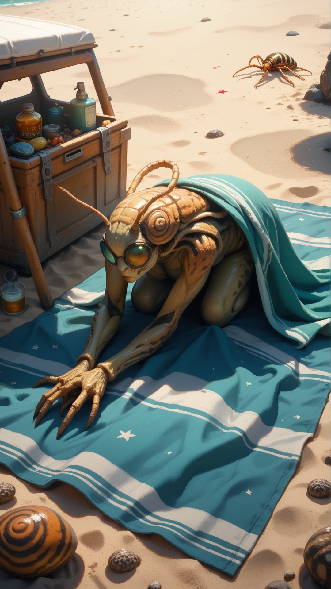 score_9, score_8_up, score_7_up, score_6_up, <lora:InsectHybridPDXL:0.9>insecthybrid snail, hybrid,  the hybrid is Catherine Tramell, in location watching the stars from a beach blanket, , , humanoid