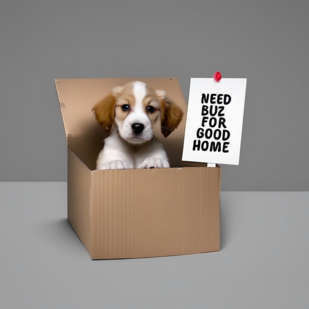 sad puppy in box with a sign saying "Need buz for good home"