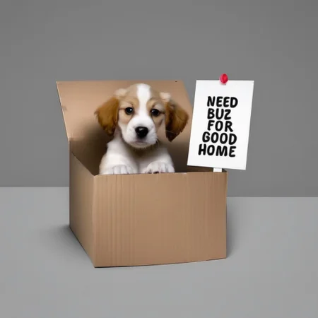sad puppy in box with a sign saying "Need buz for good home"