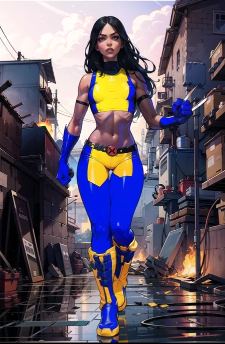 <lora:x-23v1:0.8>,  X23, midriff, gloves, claws, factory, fire, walking towards camera, full body, (masterpiece), (best quality:1.2), perfect lighting, yellow top, blue top, boots, looking at viewer,
