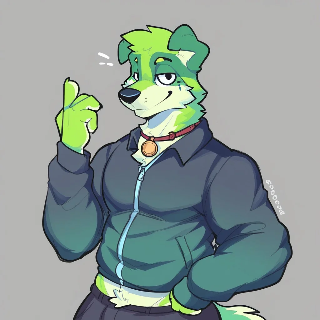bigcozyorca, 1boy, male, dog, anthro, furry, color, clothing, green fur, solo, looking at viewer