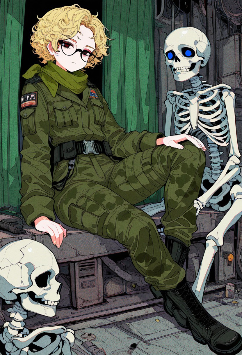 cogecha, (ideolo), (gomennasai:0.7), nslacka, lifeline \(a384079959\), halftone, 1boy, submissive, sitting, serious face:1.2, ((round thick black glasses)),femboy:0.5, hazel eyes, blonde hair, curtain bangs, forehead:0.5, very short curly hair, narrow hips, source comic book, very short height, green scarf, plain green military jacket, dark green camo pants, black military boots, (dynamic:1.1), thick linework, skeleton streetwear