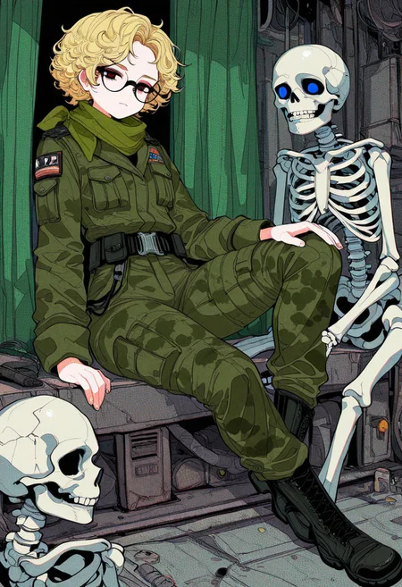cogecha, (ideolo), (gomennasai:0.7), nslacka, lifeline \(a384079959\), halftone, 1boy, submissive, sitting, serious face:1.2, ((round thick black glasses)),femboy:0.5, hazel eyes, blonde hair, curtain bangs, forehead:0.5, very short curly hair, narrow hips, source comic book, very short height, green scarf, plain green military jacket, dark green camo pants, black military boots, (dynamic:1.1), thick linework, skeleton streetwear