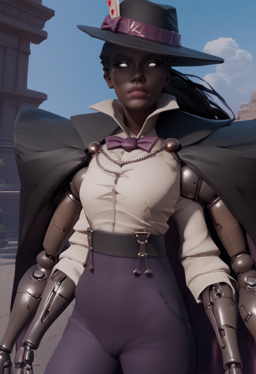 score_9, score_8_up, score_7_up,
1girl, wraith, white eyes, sexy, four arms, 2 mechanical arms, 2 normal arms, dark skin, cape, bow, shirt, bowtie, pants, playing card in hat, looking at viewer, close-up,