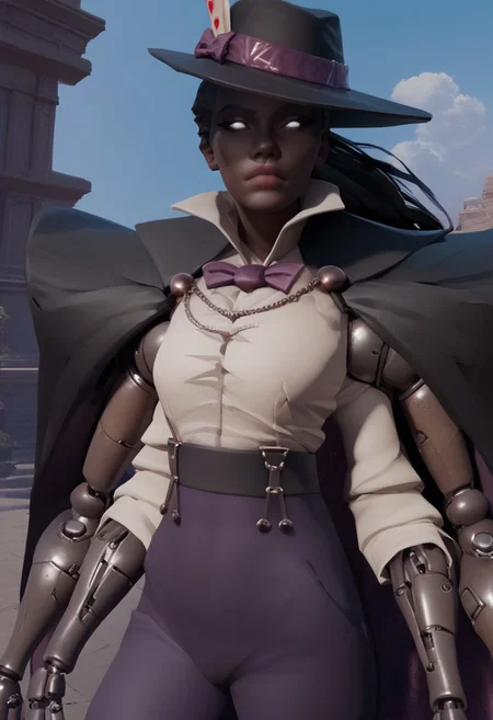 score_9, score_8_up, score_7_up,
1girl, wraith, white eyes, sexy, four arms, 2 mechanical arms, 2 normal arms, dark skin, cape, bow, shirt, bowtie, pants, playing card in hat, looking at viewer, close-up,
