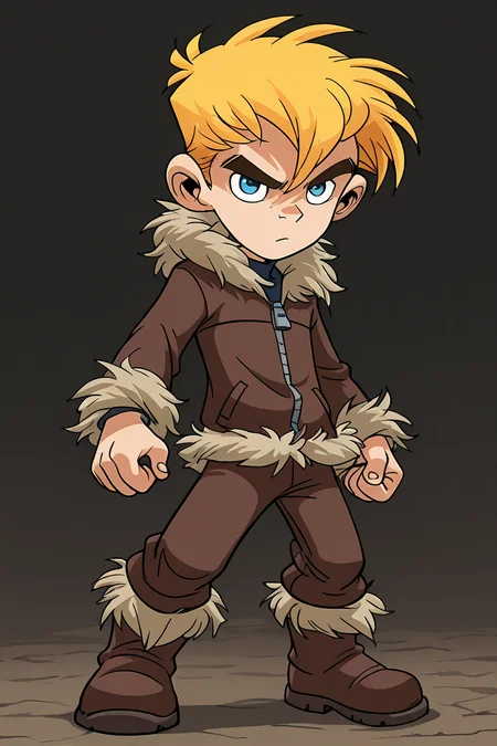 masterpiece, best quality, amazing quality, 1boy, child, male focus, solo, joeyjtb, blonde hair, short hair, thick eyebrows, blue eyes, brown jacket, fur-trimmed jacket, brown pants, fur-trimmed brown boots, serious, close-up, full body, standing, looking at the viewer, side view