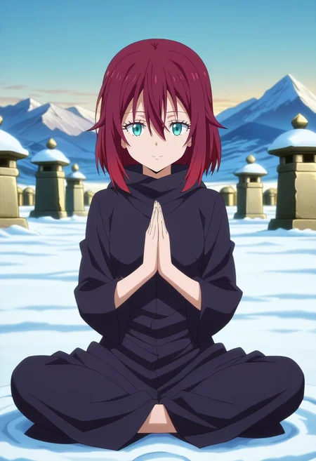 masterpiece, best quality, anime screencap, anime coloring, official style, , , 1girl, teal eyes, dark red hair, hair between eyes, ,, solo, mountain sanctuary, stone temples, snow paths, meditation peaks, peaceful pose, serene expression, dawn, <lora:tensura_style_ilxl:1>, tensura_style,