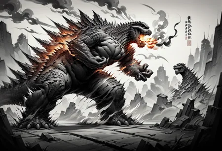score_9, score_8_up, score_7_up, score_9, <lora:cllgrphy_pdxl_EliPot:1> monochrome, chinese text, godzilla roaring, ruined city with smoke and fire,