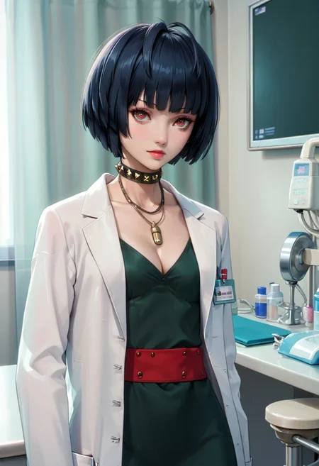 score_9, score_8_up, score_7_up, source_anime, 4n1v3rs3, (masterpiece, Highest quality:1.4), (beautiful, perfection, delicate, Complex:1.2), (cute, Fascinating), (Depth of written border:1.2), Realistic Face:1.2,
1 girl, 30 years old,
p5tae, tae takemi, short hair, bob cut, bangs, labcoat, necklace, choker, studded collar, short dress, dark green dress, cleavage, red belt, gladiator sandals, platform footwear,
Hospital, examination room, examination table, standing, view from front. cowboy shot,