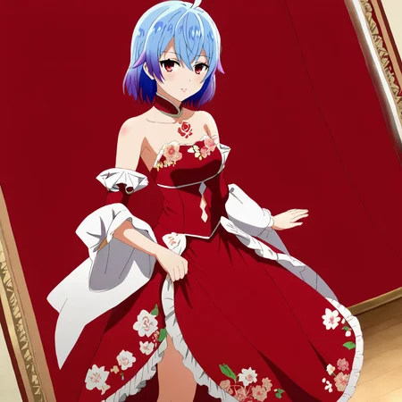 <lora:RutiBanished_pony_v1:.7> RutiBanished, 1girl,  solo, blue hair, red eyes, short hair, multicolored hair, purple hair, cowboy shot,  <lora:1007 Chinese wedding dress_v1_pony:1> ruanyi1007,bare shoulders,detached sleeves,red dress,floral print,strapless dress,