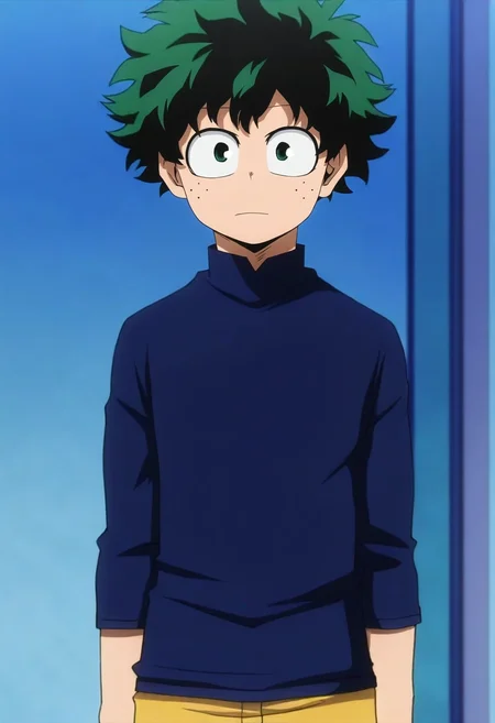 , anime screencap, anime coloring, , looking at viewer, , 1boy, solo, male focus, <lora:izuku_midoriya_ilxl:0.94>, izuku_midoriya, green hair, green eyes, short hair, ,