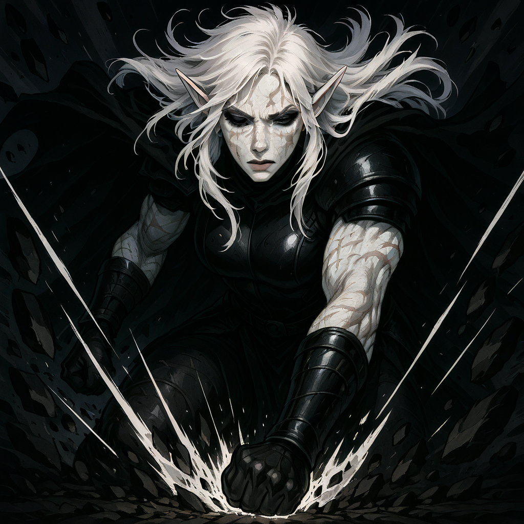 masterpiece, best quality, newest, absurdres, highres, ESPV1.0, punching, clenched hand, attack, rocks, 1girl, pale, white skin, colored skin, pale skin, elf, pointy ears, muscular woman, armor, cape, leather armor, scar, scars on face, white hair, long hair, messy hair, black armor, black leather,