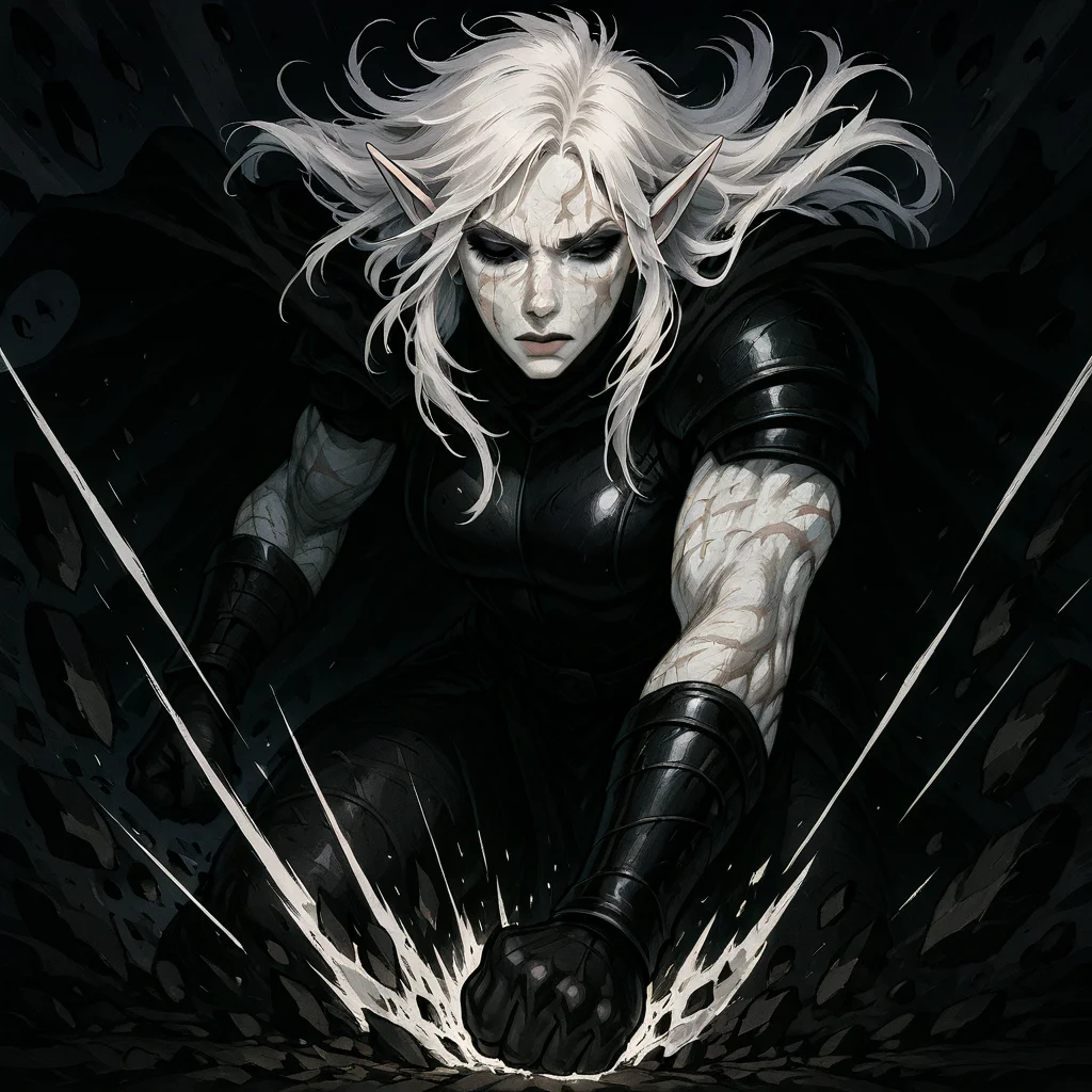 masterpiece, best quality, newest, absurdres, highres, ESPV1.0, punching, clenched hand, attack, rocks, 1girl, pale, white skin, colored skin, pale skin, elf, pointy ears, muscular woman, armor, cape, leather armor, scar, scars on face, white hair, long hair, messy hair, black armor, black leather,
