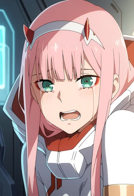 anime screencap, masterpiece, best quality,
<lora:DarlingInTheFranxx_ZeroTwo_IlluXL:0.9>,
1girl, solo, open mouth, crying, tears,
blunt bangs, long hair, pink hair, green eyes, red eyeshadow, red horns, white hairband,
white bodysuit, hood, armlet, red trim,
looking at viewer, upper body, portrait,
indoors, science fiction, blurry background