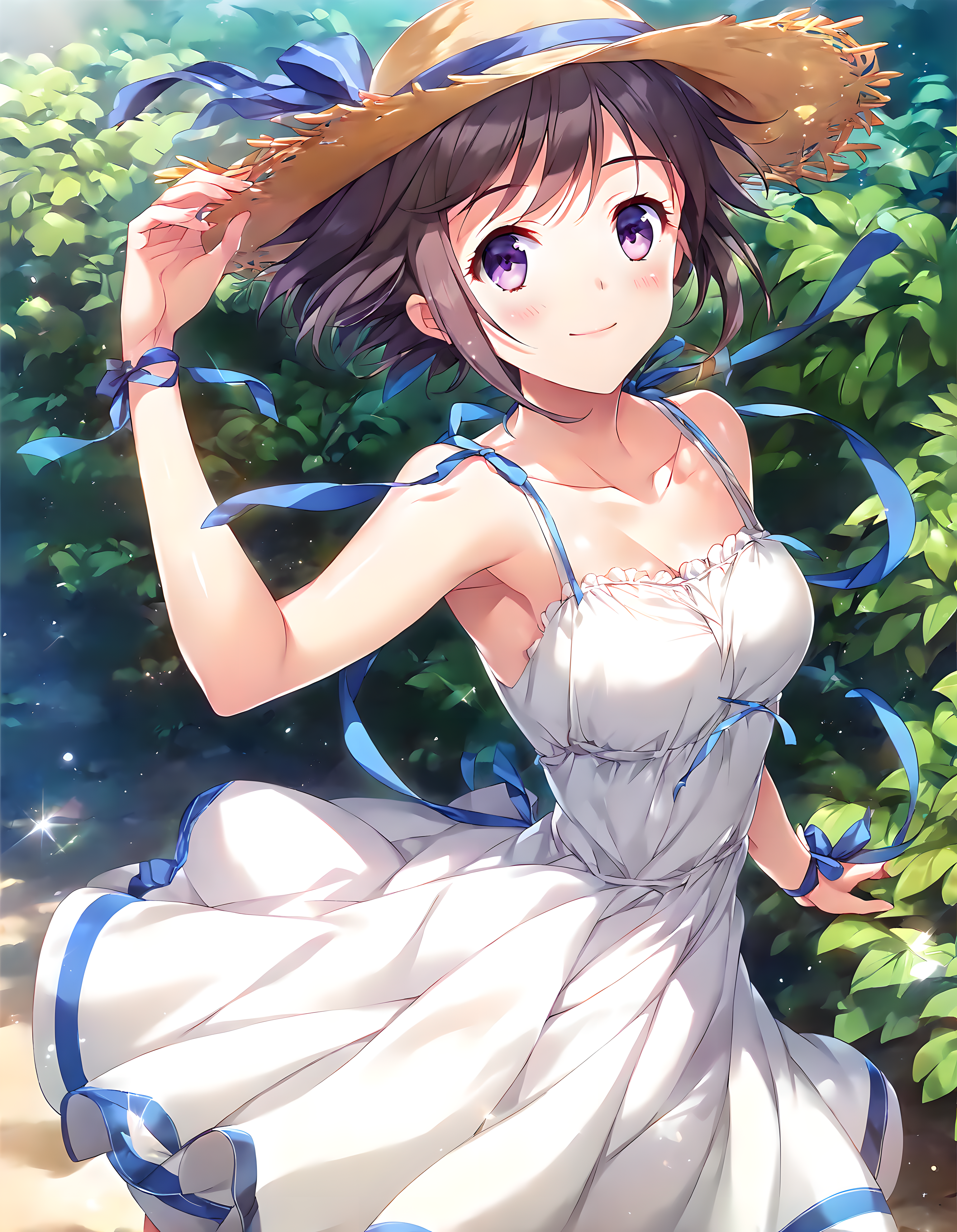 <lora:pony_xl_nagisa:0.9>,nagisa,score_9,score_8_up,score_7_up,source_anime,best quality,masterpiece,super fine illustration,1girl,solo,sun hat,white dress,sundress,bare shoulders,collarbone,blue ribbon,wrist ribbon,hand_on_headwear,arms_up,standing,knees_together_feet_apart,smile,blush,nature,in summer,strong rim light,strong wind,intense shadows,cowboy_shot,looking_at_viewer,from_above,