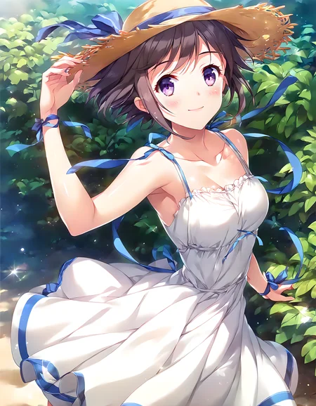 <lora:pony_xl_nagisa:0.9>,nagisa,score_9,score_8_up,score_7_up,source_anime,best quality,masterpiece,super fine illustration,1girl,solo,sun hat,white dress,sundress,bare shoulders,collarbone,blue ribbon,wrist ribbon,hand_on_headwear,arms_up,standing,knees_together_feet_apart,smile,blush,nature,in summer,strong rim light,strong wind,intense shadows,cowboy_shot,looking_at_viewer,from_above,