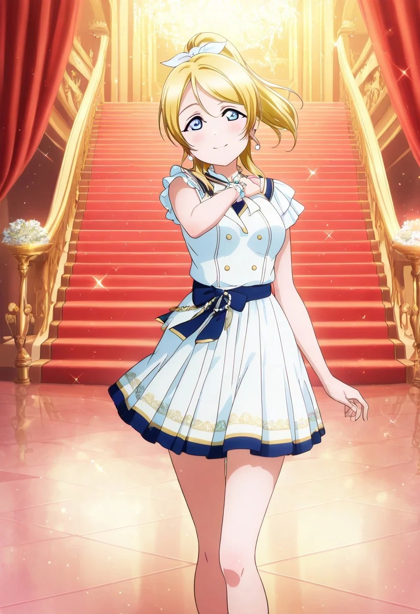masterpiece, best quality, solo, 1girl, aged up, happy,
eli_ayase, ayase_eli, yellow hair, blue eyes, ponytail, hair ribbon, pleated skirt, short sleeves, skirt, elegant idol outfit, blue and white gown, ruffled accents, golden embroidery, pearl earrings, ballroom-inspired stage, chandeliers glowing, polished marble floor, romantic waltz, dreamy atmosphere, graceful and poised performance