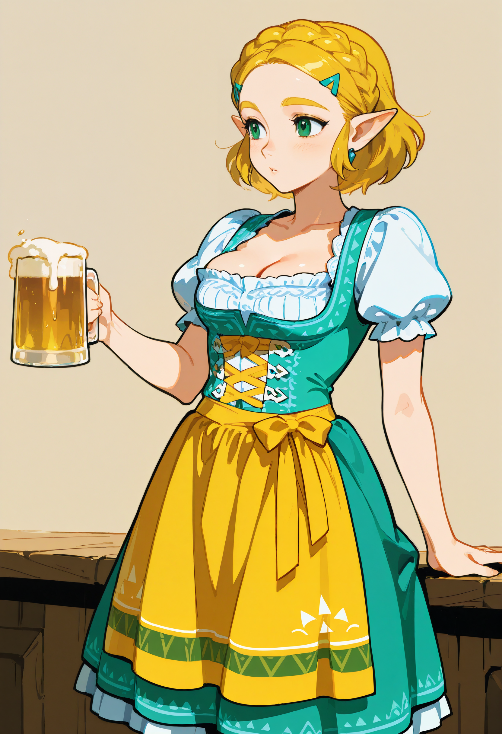 1girl, solo, dirndl dress,apron,puffy short sleeves, princess_zelda,beer mug,