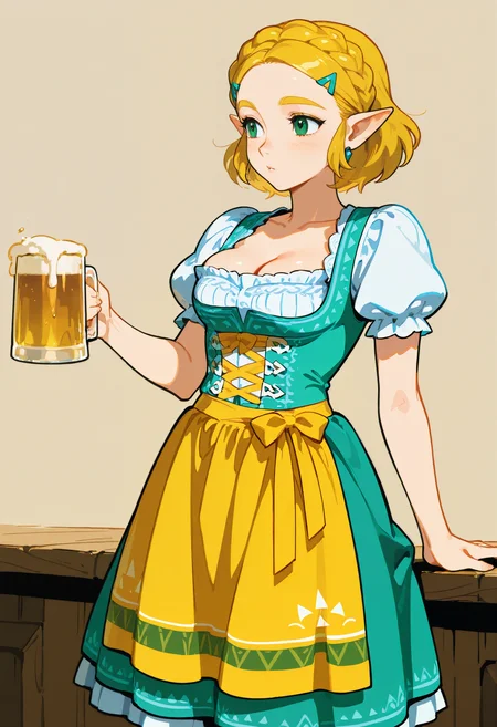 1girl, solo, dirndl dress,apron,puffy short sleeves, princess_zelda,beer mug,