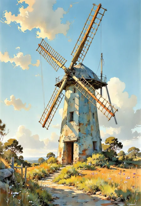 A high-detail watercolor painting of a traditional windmill standing serenely in a lush green meadow. The windmill’s wooden blades and weathered stone base are intricately detailed, with soft strokes capturing the texture of aged materials. Wildflowers in hues of yellow, purple, and white scatter across the meadow, adding vibrant accents to the scene. A gentle breeze ripples through the tall grass, and a tranquil blue sky with soft, fluffy clouds forms the backdrop.