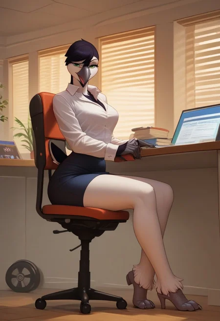 (ultra realistic, 32k, masterpiece:1.2), (high detailed skin:1.1), (high quality:1.1), source_furry,<lora:add-detail-xl:.5>, Furry, smooth image, score_7_up, score_8_up,score_9,perfect quality ,perfect shadows, perfect lighting, detailed body, masterpiece, best quality, very aesthetic,solo,female ,Bird girl,susan, penguin,female,Two tone body, green eyes,full body, black skin,white skin,wide hips,Big breasts,white legs,sit on chair, Office chair, Office suit,pencil skirt,