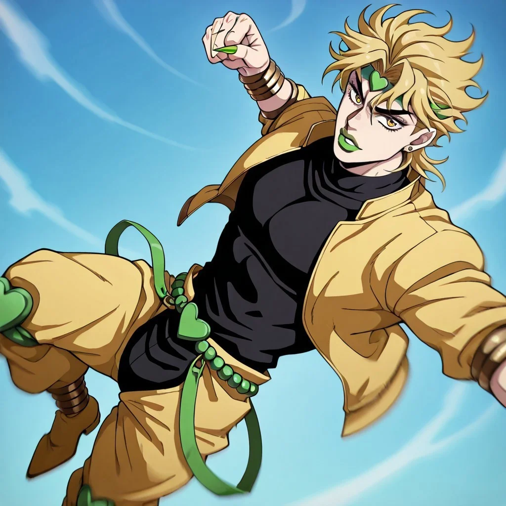 masterpiece, best quality, newest, absurdres, highres,
anime, anime style, MPPV1.0, incoming attack, incoming punch, midair,
1boy, dio brando \(jojo no kimyou na bouken\), blonde, green lipstick, long fingernails, green lips, jewelry, yellow eyes, yellow jacket, black shirt,