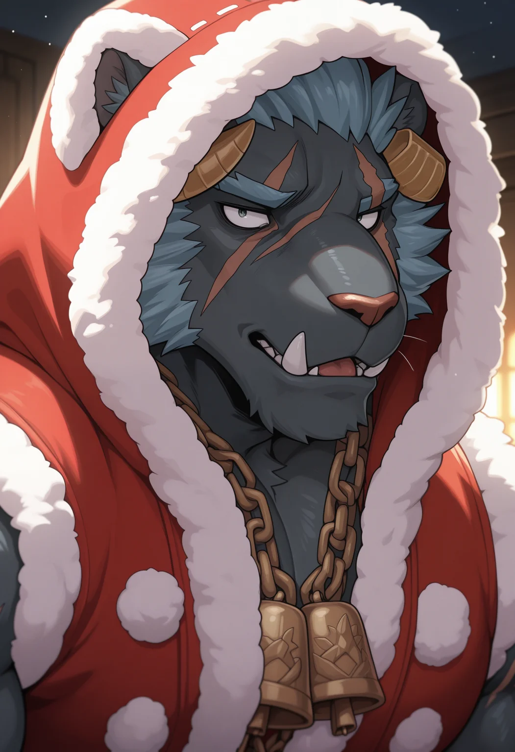 masterpiece, best quality, amazing quality, solo, 1boy, KrampusTas, Sleeveless coat, Bell Necklace, hood up, close-up