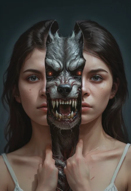 split head and body, werewolf inside the body of a beautiful woman <lora:split2:0.8> High detailed RAW color Photo, 8k, natural light