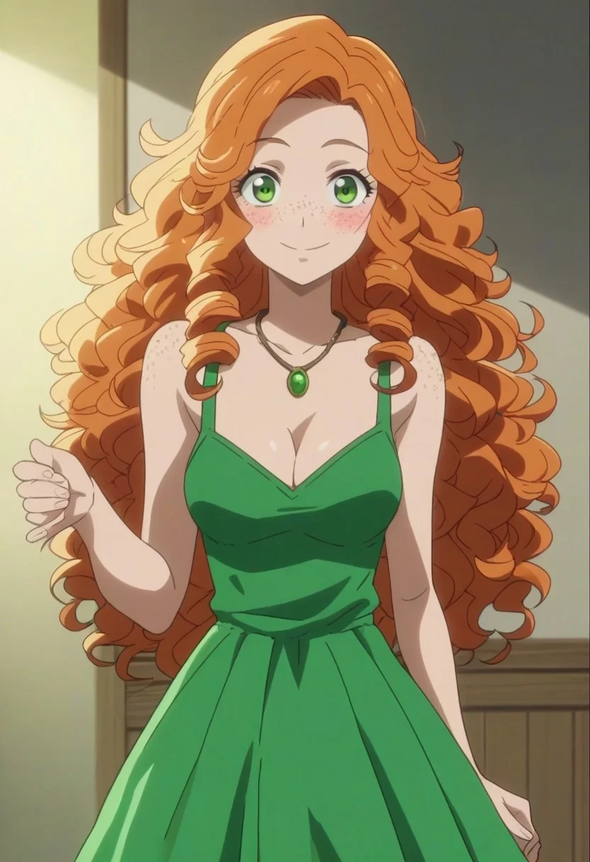 ani_as1, score_9, score_8_up, score_8, BREAK, anime screencap 1girl, solo, female focus, (cowboy shot), freckles, long hair, curly hair, green eyes, orange hair, looking at viewer, blush, dress, cleavage, green colored clothes, necklace, happy