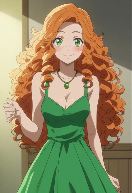 ani_as1, score_9, score_8_up, score_8, BREAK, anime screencap 1girl, solo, female focus, (cowboy shot), freckles, long hair, curly hair, green eyes, orange hair, looking at viewer, blush, dress, cleavage, green colored clothes, necklace, happy