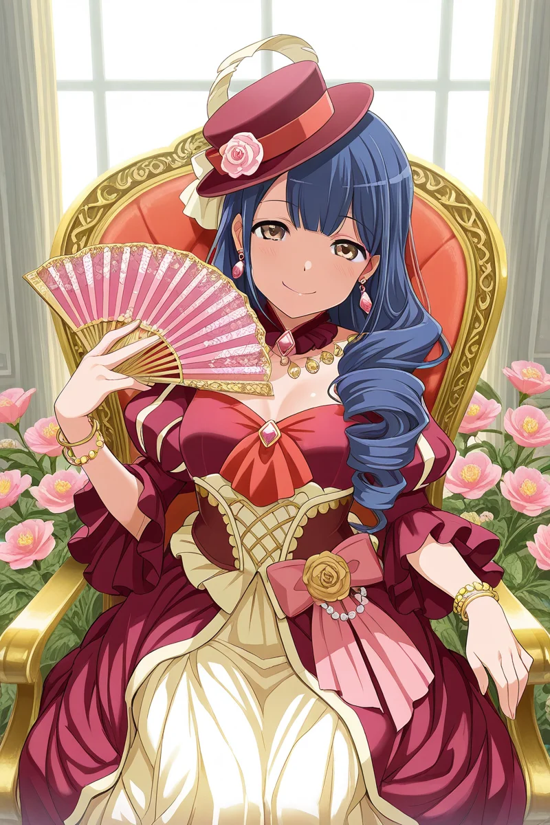 masterpiece, best quality, amazing quality,
<lora:Kaoruko_IL:1> kaoruko, 1girl, solo, blue hair, hat, jewelry, dress, hand fan, flower, smile, earrings, bracelet, drill hair, looking at viewer, sitting, long hair, french aristocracy