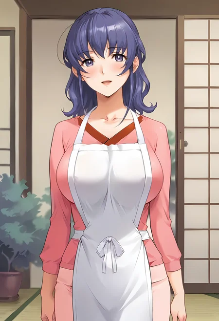 score_9, score_8_up, score_7_up, source_anime, masterpiece, 1girl, ct_haruka, blue hair, medium hair, large breasts, pink shirt, long sleeves, apron BREAK light pink long skirt, looking at viewer, indoors, japanese home, cowboy shot, <lora:HarukaOgihara_Pony_ct:1>