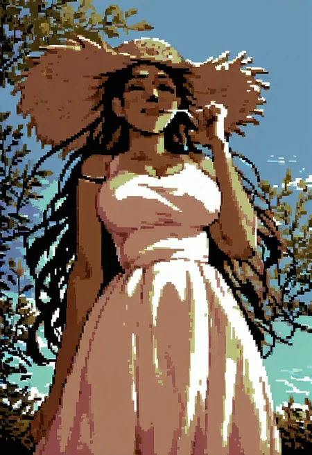 score_9, score_8_up, score_7_up, score_6_up, very long hair, portrait, thick thighs, thigh gap, sundress, large straw hat, pleasure, large breasts, pixel, commodore,