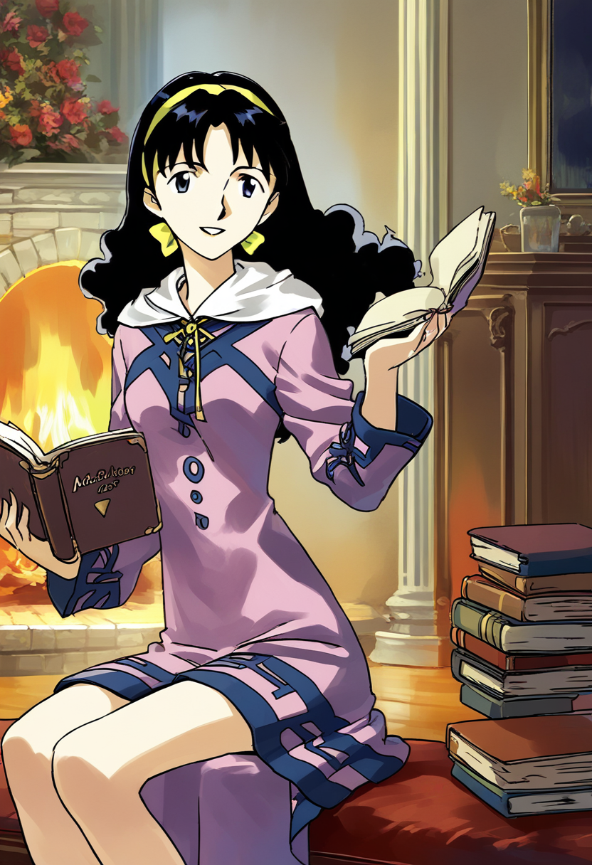 score_9, score_8_up, score_7_up, source_anime, 
mia_ausa, dress, hairband, standing, smile, parted lips, sitting, fireplace background, reading book,  <lora:mia_ausa:1>