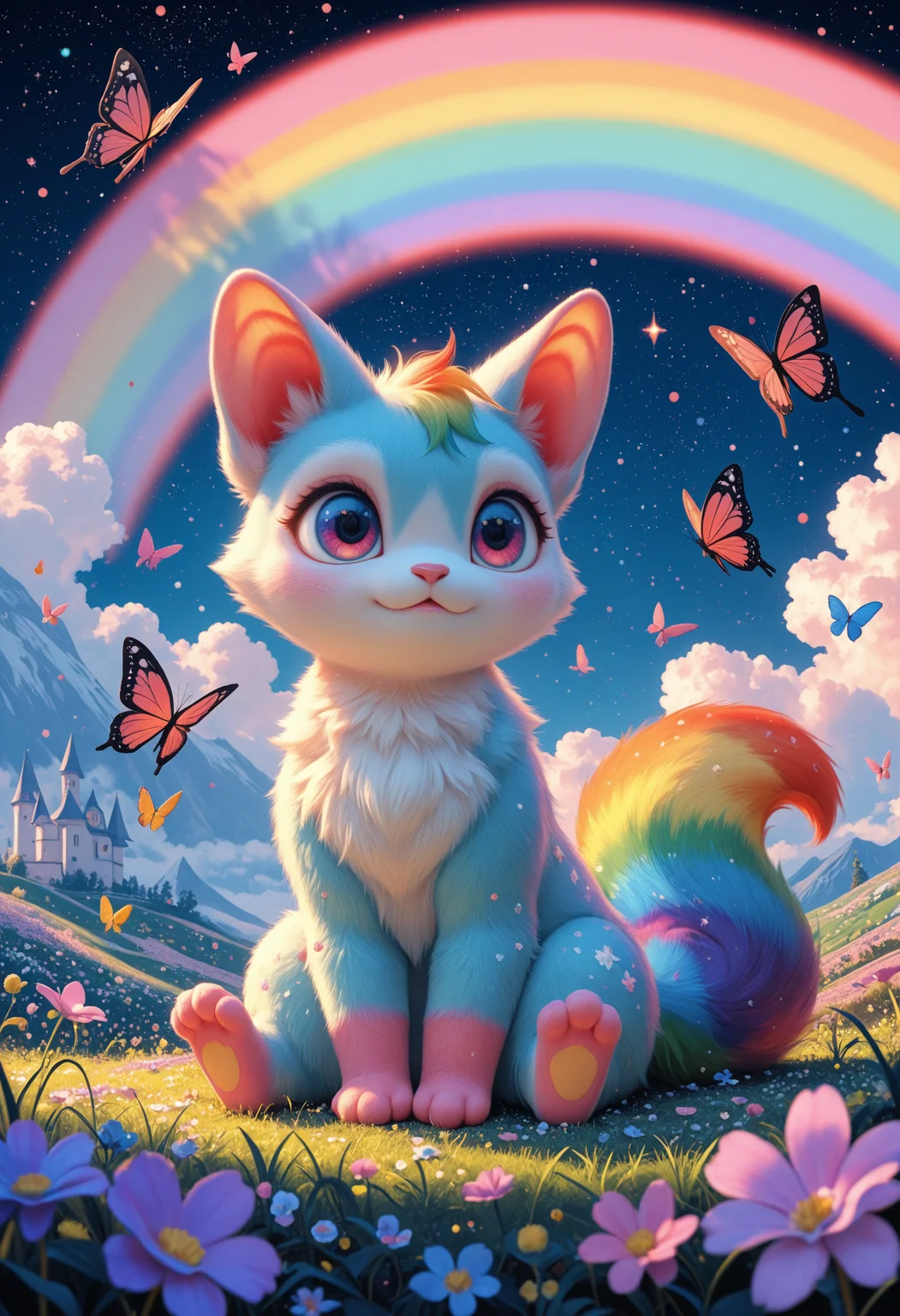 masterpiece, best_quality, detailed_eyes,
chromatic_colors, fairytale_landscape, cute_creature, multicolored_fur, sitting, rainbow, magical, starry, butterflies,