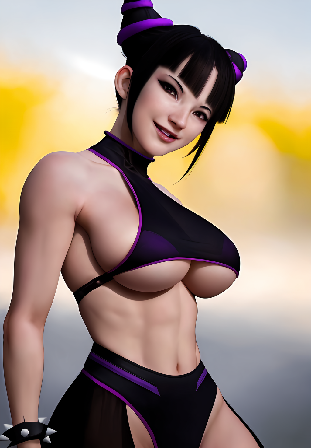(Photo:1.3), highdetail, <lora:juri_han:0.8>, juri_han, 1girl, solo, smirk, baggy pants, spiked bracelet, toeless legwear, chinese clothes, sideboob, toes, underboob, halterneck, Dark red, gray, and black colors, vibrant colors, (summer, sunny weather:1.3), medium intensity lighting, (Soft focus:1.3), (acclaimed, alluring, captivating, exciting, gorgeous, striking:1.3), (ultra realistic, sharp focus:1.3)