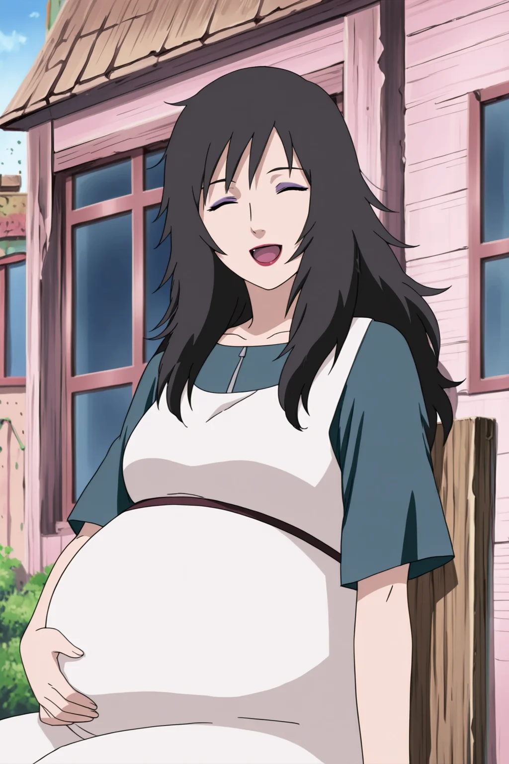 anime screencap, anime coloring, detailed face, masterpiece, best quality, very aesthetic, absurdres, volumetric lighting, official style, amazing quality, ultra detailed,  highres, amazing quality, scenery, beautiful detailed hair, beautiful detailed eyes, defined fingers,
 <lora:Kurenai_Yuhi_Naruto:1>
Pregnant Kurenai (apperance), Kurenai Yuhi (character), 1girl, pregnant, solo, black hair, hand on own stomach, closed eyes, long hair, smile, open mouth, sitting, makeup, messy hair, dress, window, lipstick, cowboy shot, looking at the viewer, :D, happy girl, outside of a house, outdoors,  on a chair