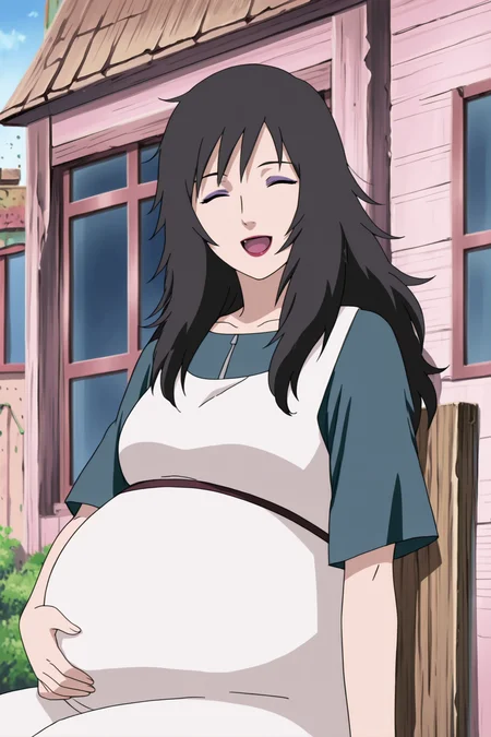 anime screencap, anime coloring, detailed face, masterpiece, best quality, very aesthetic, absurdres, volumetric lighting, official style, amazing quality, ultra detailed, highres, amazing quality, scenery, beautiful detailed hair, beautiful detailed eyes, defined fingers,
<lora:Kurenai_Yuhi_Naruto:1>
Pregnant Kurenai (apperance), Kurenai Yuhi (character), 1girl, pregnant, solo, black hair, hand on own stomach, closed eyes, long hair, smile, open mouth, sitting, makeup, messy hair, dress, window, lipstick, cowboy shot, looking at the viewer, :D, happy girl, outside of a house, outdoors, on a chair