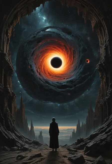 Subject: Massive black hole, inspired by Beksinski's gothic surrealism and Caravaggio's dramatic light.Style: Photorealistic with gothic-sci-fi and Baroque influences.Details: Centered black hole, embodying the eerie, majestic force of the cosmos, framed in Beksinski's apocalyptic style and Caravaggio's intense chiaroscuro. Space is alive with swirling galaxies and ethereal light, capturing the sublime terror of the universe.Composition: 8K HDR, Depth of Field, Action Scene, Natural Lighting, centered-shot, 22 Megapixels, shot on IMAX 70mm, detailed, elegant, perfection, shimmering, with a perspective that dramatizes the black hole's gravitational pull.Render: The scene merges the haunting beauty of infinite space with the artistic depth of Beksinski and Caravaggio, creating a captivating, high-resolution image that invites viewers to ponder the cosmic ballet of light and darkness. <lora:add-detail-xl:1>