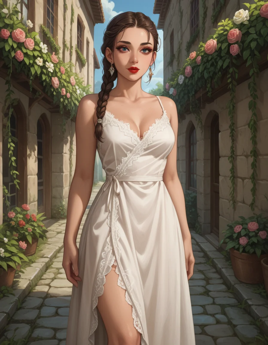 Role-playing game (RPG) style fantasy score_9, score_8_up, score_7_up, score_6_up, score_5_up, score_4_up, hud_s1lk_ngwn, 1girl, makeup, lipstick, solo, Intricately braided chestnut hair adorned with delicate flowers., sleeveless white dress, lace trim, breasts, <lora:silk_nightgown:0.7> , A futuristic drone delivery hub, where autonomous drones transport packages and goods throughout the city . Detailed, vibrant, immersive, reminiscent of high fantasy RPG games