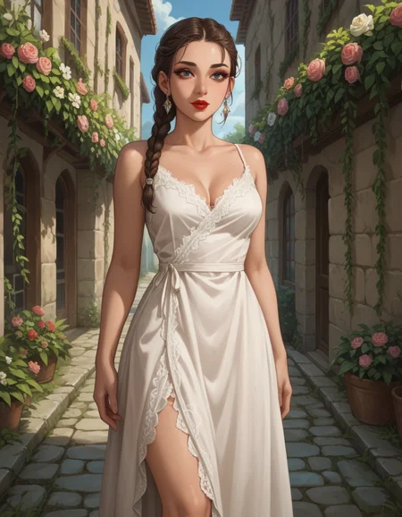 Role-playing game (RPG) style fantasy score_9, score_8_up, score_7_up, score_6_up, score_5_up, score_4_up, hud_s1lk_ngwn, 1girl, makeup, lipstick, solo, Intricately braided chestnut hair adorned with delicate flowers., sleeveless white dress, lace trim, breasts, <lora:silk_nightgown:0.7> , A futuristic drone delivery hub, where autonomous drones transport packages and goods throughout the city . Detailed, vibrant, immersive, reminiscent of high fantasy RPG games