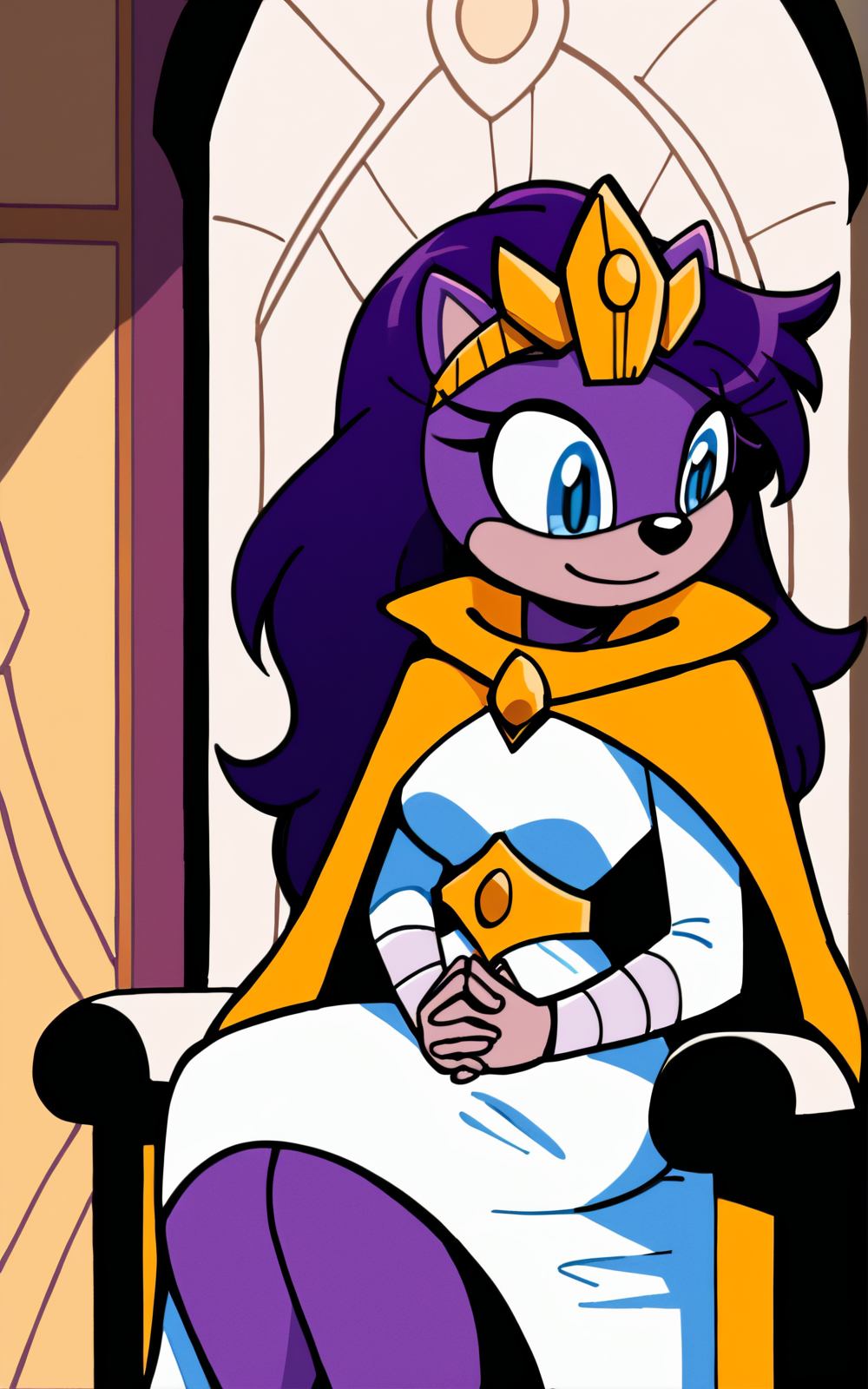 score_9, score_8_up, score_7_up,((best quality)), absurdres, <lora:3d-2d:0.8>, <lora:QueenAleenaPXL:1>,QueenAleenaPXL,long hair, furry, purple hair, furry female, animal ears, purple fur, purple skin,dress, yellow cape, white dress, cape, tiara, long sleeves, (beige skin),smile,Trimmer Belt,inside ,castle, sitting, throne,blue eyes.hands together