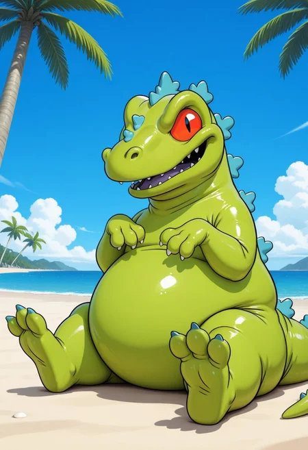 1boy, solo, Reptar, dinosaur, green body, blue spines, red sclera, three fingers, three toes, thick legs, bottom heavy, chubby, semi-anthro, tail, big eyes, expressive eyes, toony eyes, smiling, looking at viewer, fat, smooth shiny body, sitting, outdoors, beach, blue sky, palm trees, high quality, detailed, digital art, masterpiece, amazing shading, wacky, silly,  western animation style